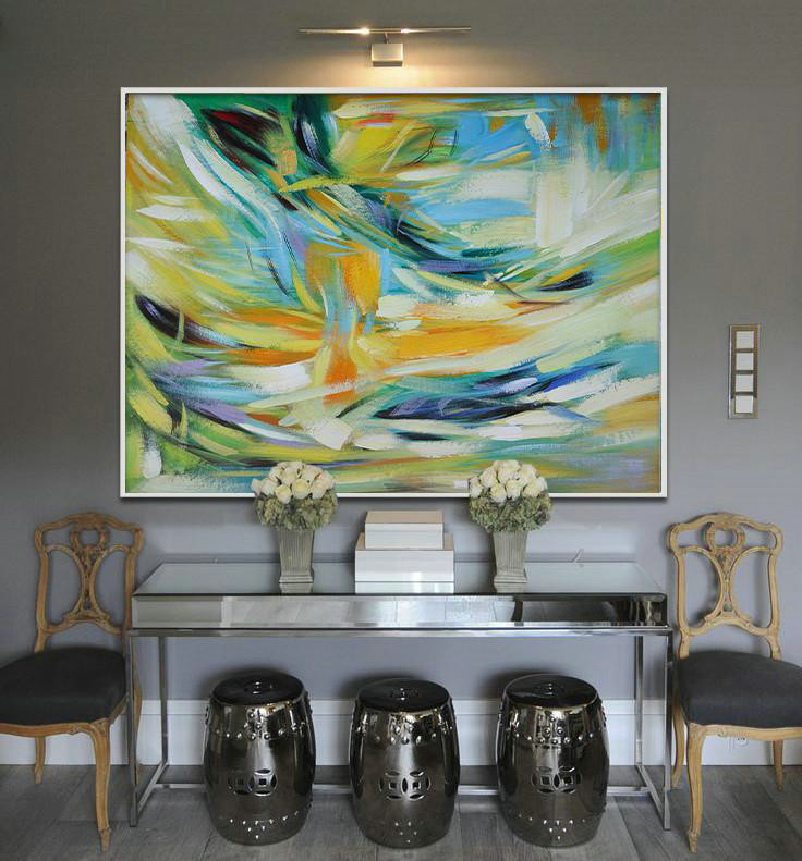 Large Abstract Art,Oversized Horizontal Contemporary Art,Large Wall Canvas,Yellow,Light Blue,Green,White.etc